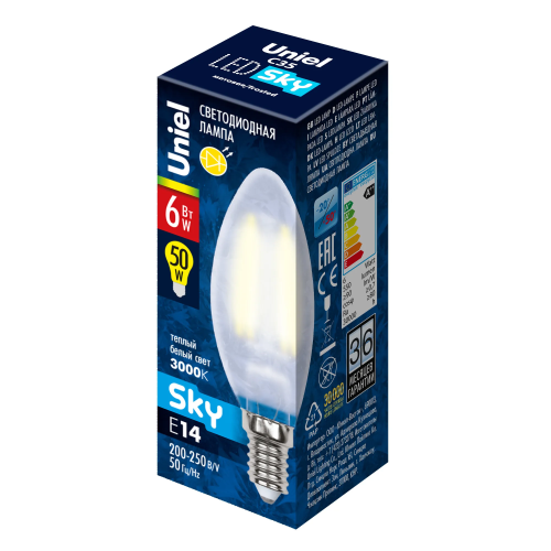 UNIEL лампа светодиодная sky свеча LED-C35-6W/WW/E14/FR PLS02WH картон